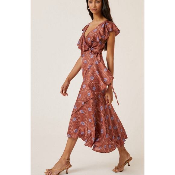 Anthropologie Ruffle Sleeve Printed Wrap Maxi Silky Dress Medium Brown Copper - Picture 4 of 13